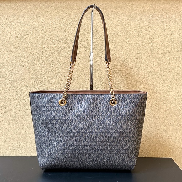 Michael Kors Jet Set Item M Shoulder Chain Tote Bag MK Gold Signature Brown - Picture 2 of 11